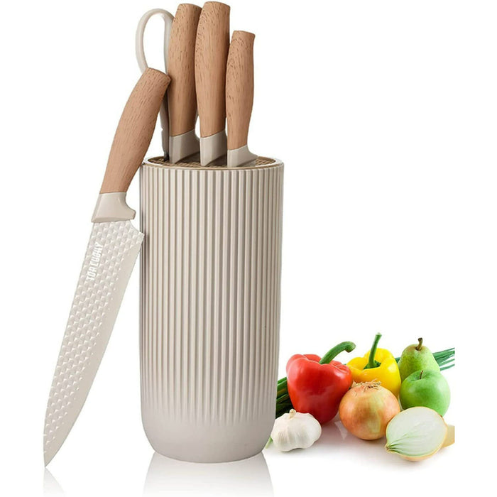 Kitchen Knife Set, 6-Pieces Khaki Sharp Knife Set for Kitchen, Non-stick Non-slip Stainless Steel Chef Knife Set with Universal Knife Block Suitable for Home Restaurant