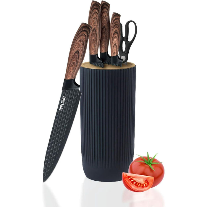 Kitchen Knife Set, 6-Piece Black Cooking Knife Set with Star Grain Blade, Sharp Stainless Steel Chef Knife Set Contains Round Knife Storage, Knives, Scissors for Home Kitchen