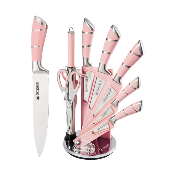 Kitchen Knife Set, 9-Pieces Pink Sharp Non-Stick Coated Chef Knives Block Set ,Stainless Steel Knife Set for Kitchen with Sharpener for Cutting Slicing Dicing Chopping