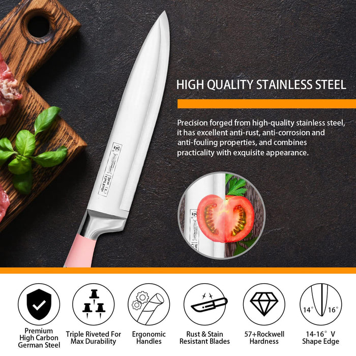 Kitchen Knife Set, 9-Pieces Pink Sharp Non-Stick Coated Chef Knives Block Set ,Stainless Steel Knife Set for Kitchen with Sharpener for Cutting Slicing Dicing Chopping