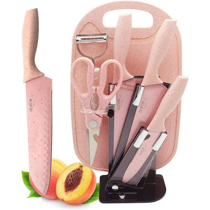 Kitchen Knife Set, Pink 7PC Wheat Straw Sharp Chef Knife Set with Cutting Board and Acrylic Stand, Stainless Steel Cooking Knife with Gift Box for Women Girls Friends Family