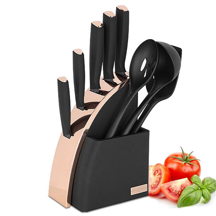 Kitchen Knife Set, 9-Pieces Sharp Stainless Steel Chef Knife Set with Block for Kitchen, Knife Block Set with Silicone Cooking Utensils, Slotted Spoon, Deep Soup Ladle, Slotted Turner