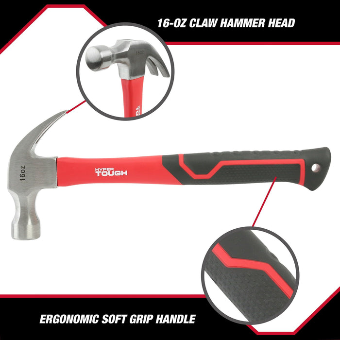 Hyper Tough 16-Ounce Claw Hammer with Fiberglass Handle, 2124V