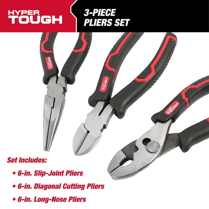 Hyper Tough 3-Piece Pliers Set with Ergonomic Soft Grip Handles, Diagonal Cutting Pliers, Slip Joint Pliers and Long Nose Plier set