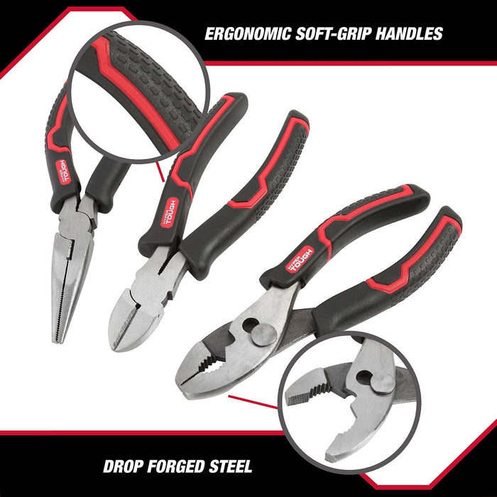 Hyper Tough 3-Piece Pliers Set with Ergonomic Soft Grip Handles, Diagonal Cutting Pliers, Slip Joint Pliers and Long Nose Plier set