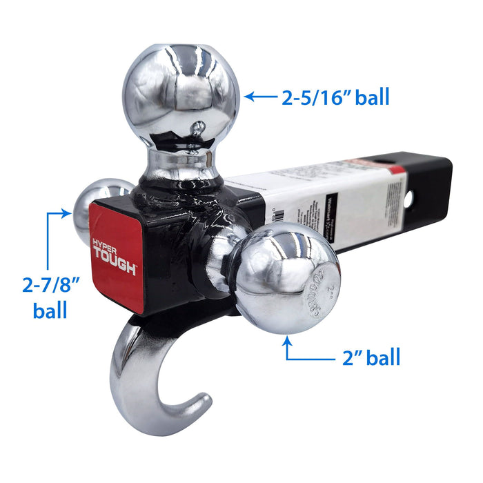 Hyper Tough Automotive Tri-Ball Mount with Hook, Steel, Class V, 1-7/8", 2" & 2-5/16" Hitch Ball, Black