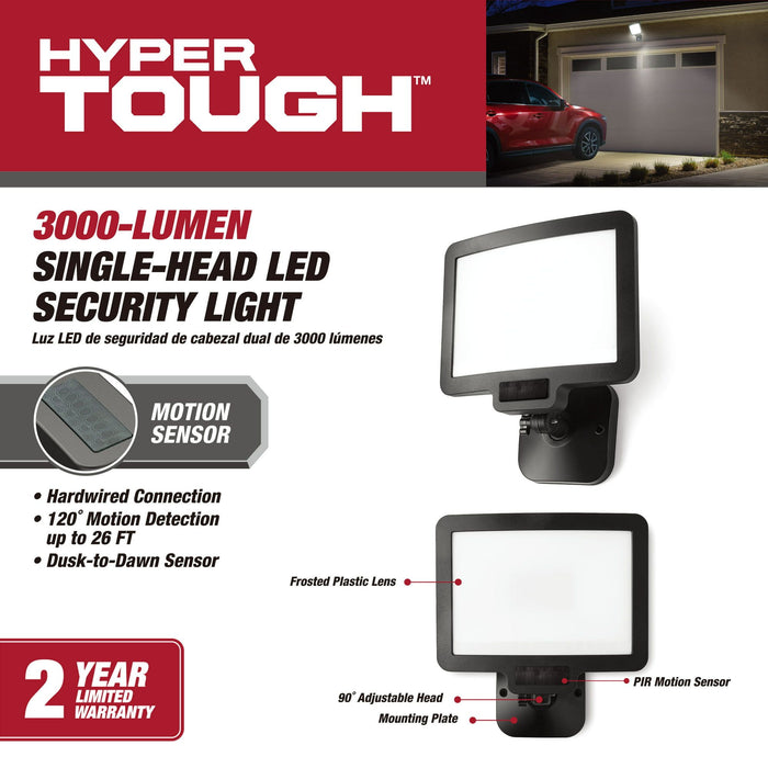 Hyper Tough 3000 Lumen LED Flood Light 120-Degree Motion Sensor in Black Finish, Hardwired 102-Degree Beam Spread