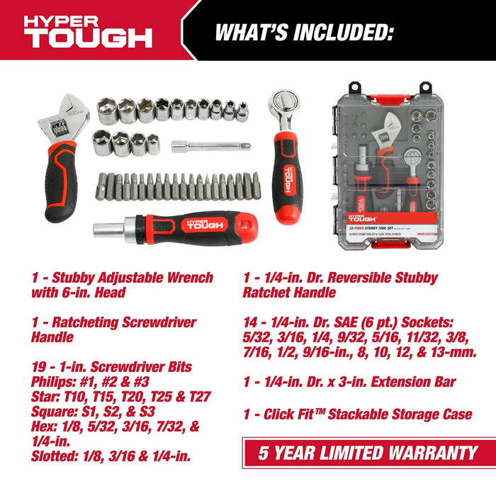 Hyper Tough 38-Piece Stubby Tool Set in Click Fit? Case, 42031CF