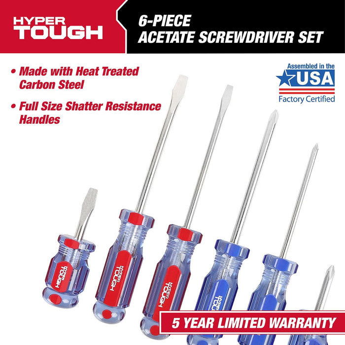 Hyper Tough 6-Piece Phillip and Slotted Screwdriver Set with Acetate Handle, 935G6C