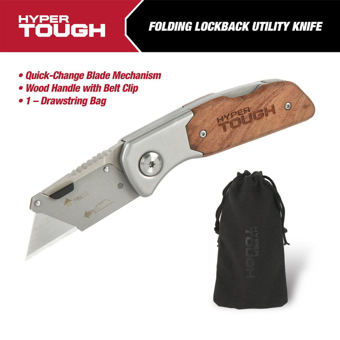 Hyper Tough Folding Lock Back Utility Knife with Wood Handle, 42869