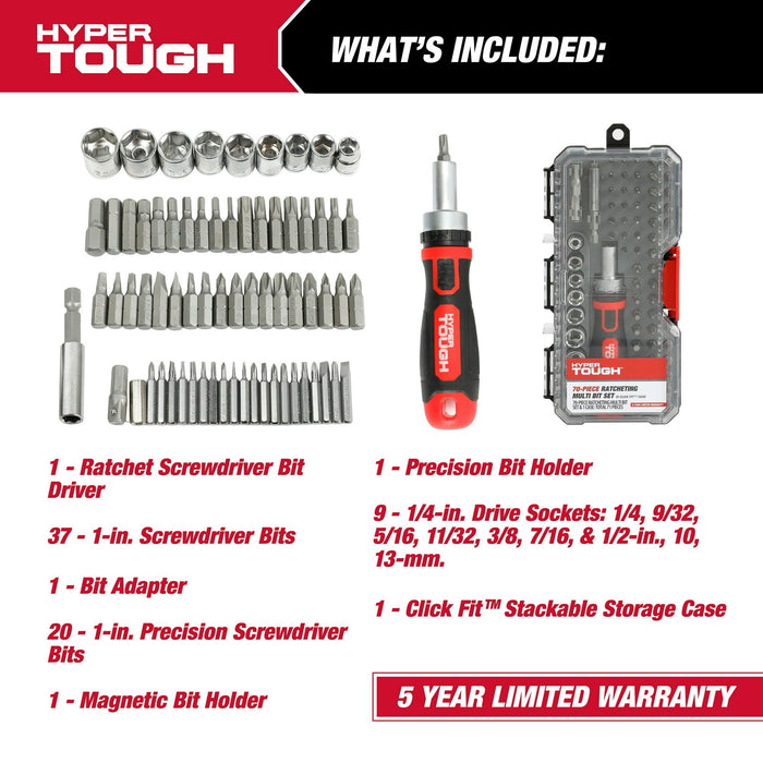 Hyper Tough 70-Piece Socket and Bit Set in Click Fit? Case, 42035CF