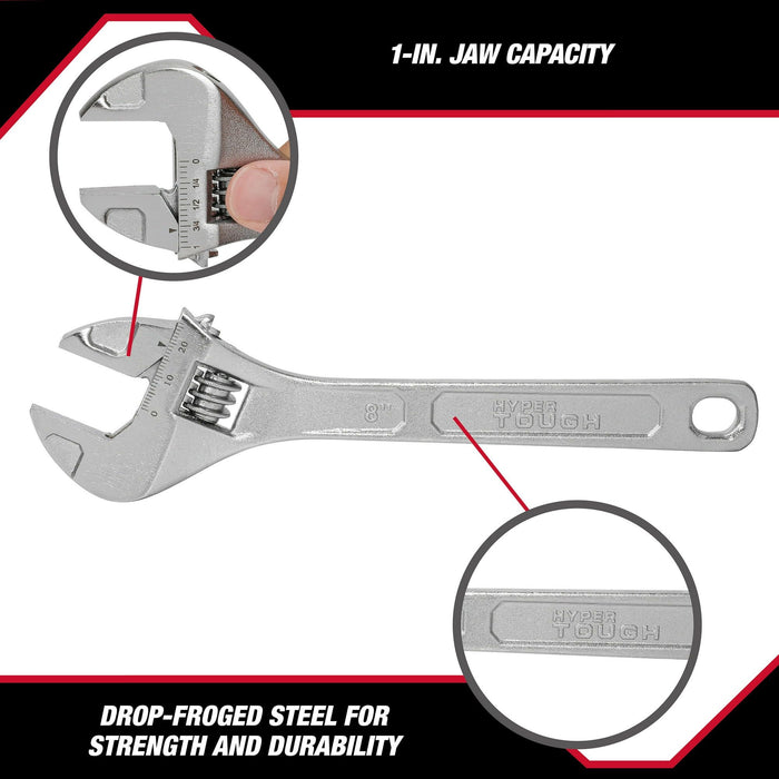 Hyper Tough 8-inch Adjustable Wrench, Steel Construction, Model 43180