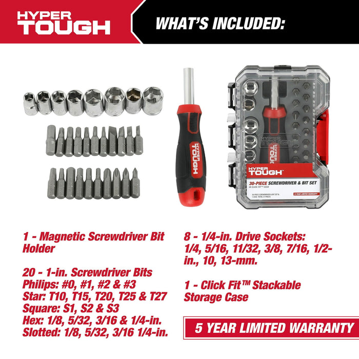 Hyper Tough 30 Piece Screwdriver and Bit Set in Click Fit? Case, 42034CF, New