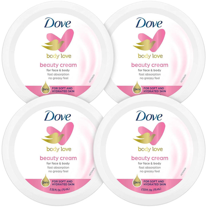 Dove Lotion, Beauty Cream - Light, Fast-Absorbing Face and Body Cream for Normal to Dry Skin, 24-Hour Moisture, Luxuriously Scented Face Cream, Hand & Body Lotion, Travel Size, 2.53 Fl Oz (Pack of 4)