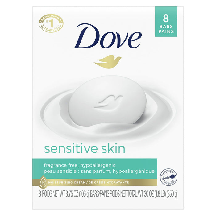 D ove Sensitive Skin Gentle Beauty Bar Soap, Unscented, 3.75 oz (8 Bars)