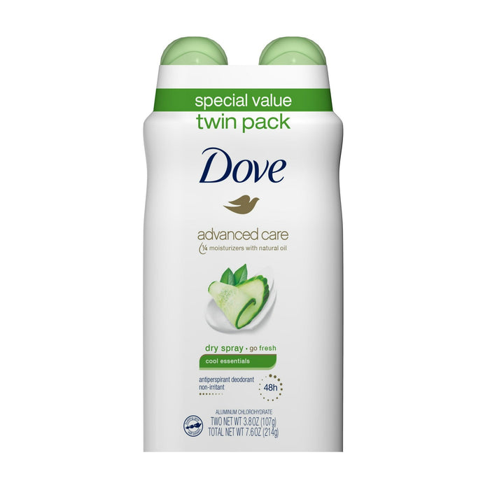 Dove Advanced Care Long Lasting Women's Antiperspirant Deodorant Dry Spray Twin Pack, Fresh, 3.8 oz