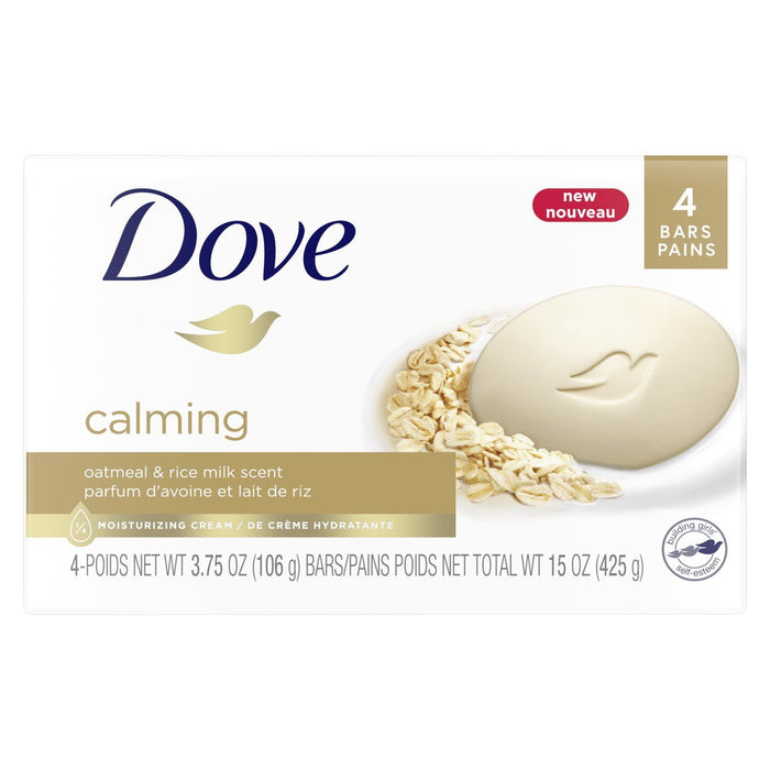 D ove Calming Gentle Beauty Bar Soap, Oatmeal and Rice Milk All Skin Type, 3.75 oz (4 Bars)