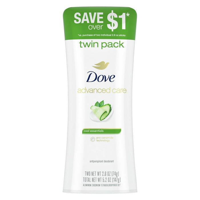 Dove Advanced Care Long Lasting Women's Antiperspirant Deodorant Stick Cool Essentials, 2.6 oz Twin Pack