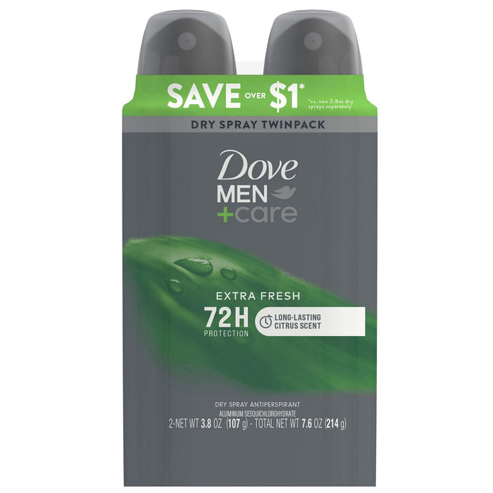 Dove Men+Care Antiperspirant Deodorant Dry Spray Twin Pack, Citrus, 3.8 oz