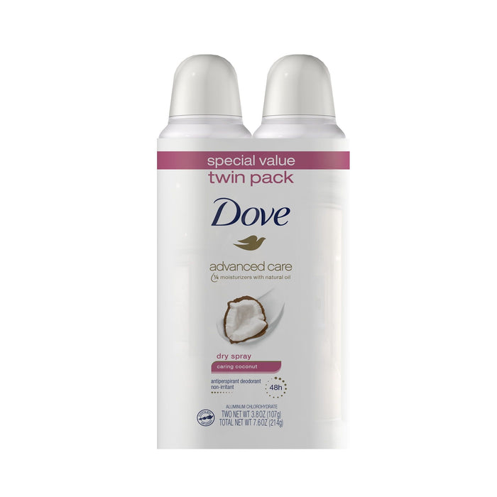 Dove Advanced Care Women's Antiperspirant Deodorant Dry Spray Twin Pack, Caring Coconut, 3.8 oz