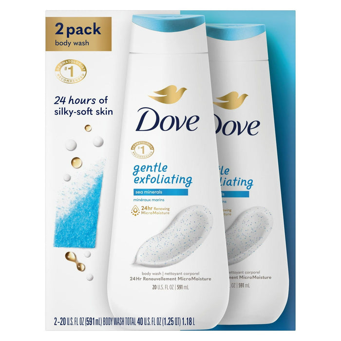 Dove Gentle Exfoliating Long Lasting Women's Body Wash All Skin Sea Minerals, 20 fl oz Twin Pack