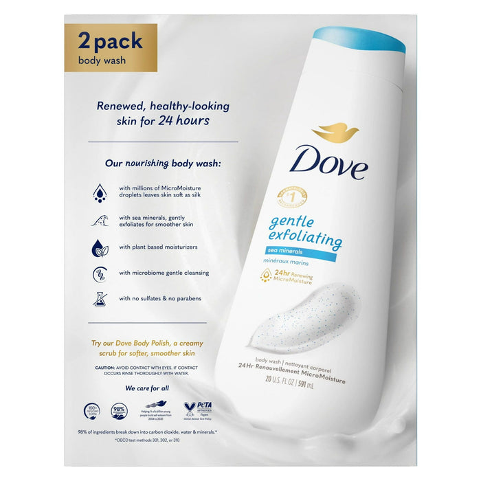 Dove Gentle Exfoliating Long Lasting Women's Body Wash All Skin Sea Minerals, 20 fl oz Twin Pack