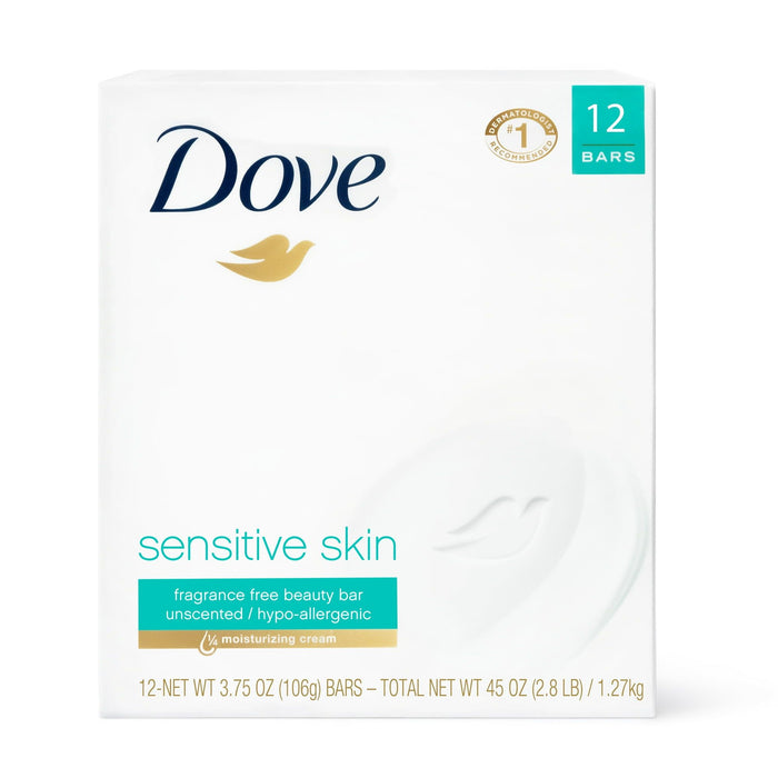 D ove Sensitive Skin Hypoallergenic Beauty Bar Soap, Fragrance Free, 3.75 oz (12 Bars)