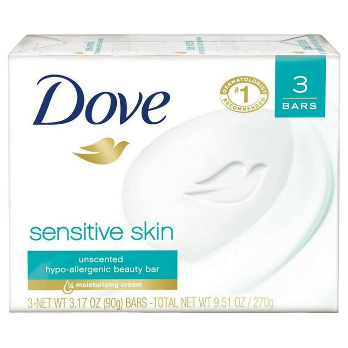 D ove Beauty Bar More Moisturizing Than Bar Soap Sensitive Skin With Gentle Cleanser for Softer Skin, Fragrance Free, Hypoallergenic 3.17 oz, 3 Bars