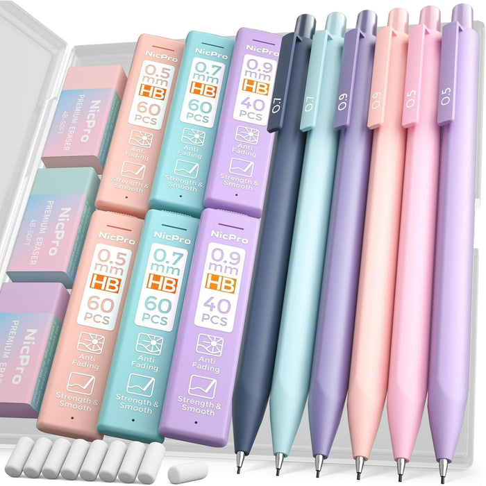 Nicpro 6PCS Pastel Mechanical Pencil Set, 0.5 & 0.7 & 0.9 mm with 6 Tubes HB Lead Refill, 3PCS Eraser and 9PCS Eraser Refill for Student Writing Drafting, Drawing, Sketching-with Cute Case