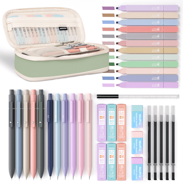 Nicpro 39Pcs Aesthetic School Supplies with Big Capacity Pen Case, 12 Colors Chisel Tip Cute Highlighters, 5 Quick Dry Retractable Black Ink Pens, 6 Pastel 0.5 & 0.7 mm Mechanical Pencil for Students