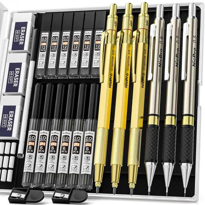 Nicpro 6 Pcs Mechanical Pencils Set, 3 Pcs Metal Pencils 0.5mm & 0.7mm & 0.9mm and 3 Pcs 2mm Graphite Lead Holder (2B HB 2H) with 12 Tubes Lead Refills, Come with Case, Gold