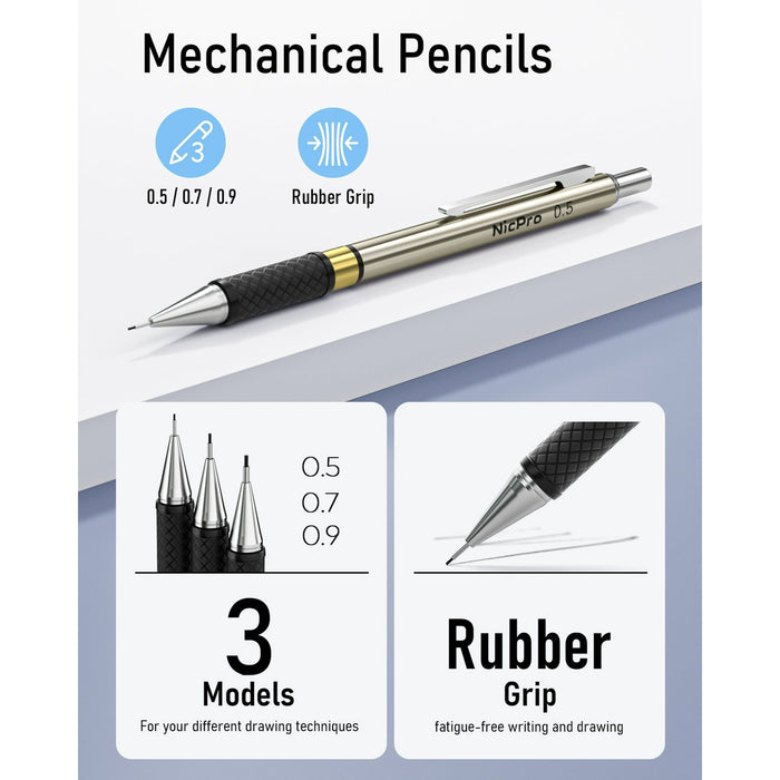 Nicpro 6 Pcs Mechanical Pencils Set, 3 Pcs Metal Pencils 0.5mm & 0.7mm & 0.9mm and 3 Pcs 2mm Graphite Lead Holder (2B HB 2H) with 12 Tubes Lead Refills, Come with Case, Gold