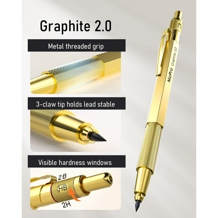 Nicpro 6 Pcs Mechanical Pencils Set, 3 Pcs Metal Pencils 0.5mm & 0.7mm & 0.9mm and 3 Pcs 2mm Graphite Lead Holder (2B HB 2H) with 12 Tubes Lead Refills, Come with Case, Gold