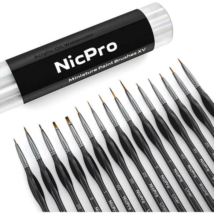 Nicpro Micro Detail Paint Brush Set,15 PCS Black Small Professional Miniature Fine Detail Brushes for Watercolor Oil Acrylic, Craft Models Rock Painting & Paint by Number -Come with Holder Bag