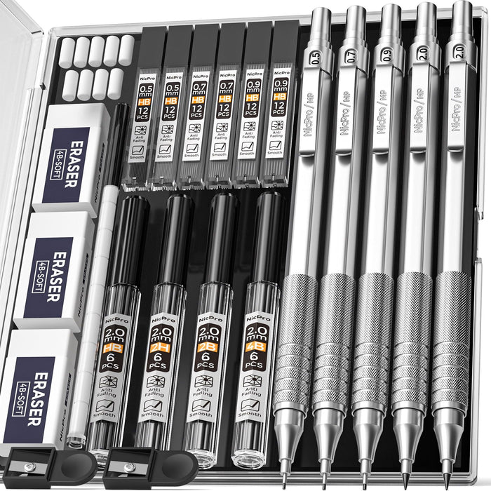 Nicpro 5 Pcs Metal Mechanical Pencils Set, Artist Drafting Pencil 0.5 & 0.7 & 0.9mm & 2Pcs 2mm Graphite Lead Holder(4B 2B HB 2H) with Lead Refills, Erasers - Silver