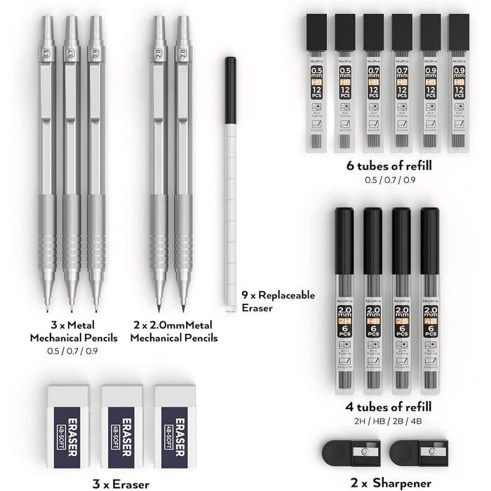 Nicpro 5 Pcs Metal Mechanical Pencils Set, Artist Drafting Pencil 0.5 & 0.7 & 0.9mm & 2Pcs 2mm Graphite Lead Holder(4B 2B HB 2H) with Lead Refills, Erasers - Silver