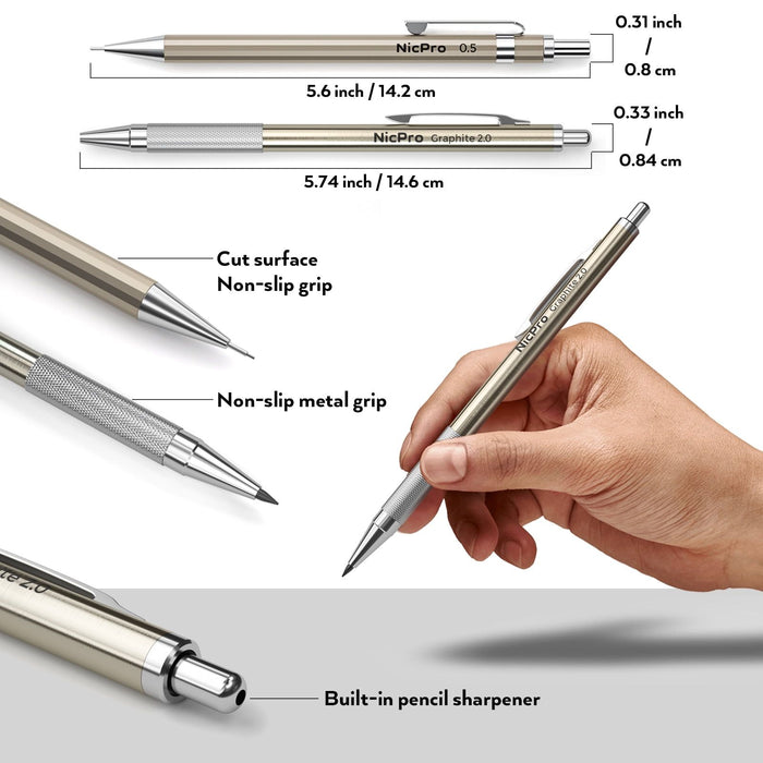 Nicpro 6 Pcs Metal Mechanical Pencils, Artist Drafting Pencil 0.3 & 0.5 & 0.7 & 0.9mm and 2mm Lead Holder(4B 2B HB 2H), Come with Case