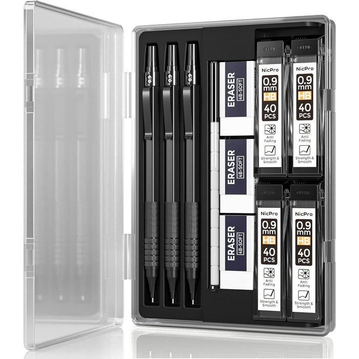 Nicpro 3 Pcs 0.9 mm Metal Mechanical Pencils, with 6 Tubes HB Lead Refills, 3Pcs Erasers, Erasers Refills, Drafting Pencil Set with Case - Black