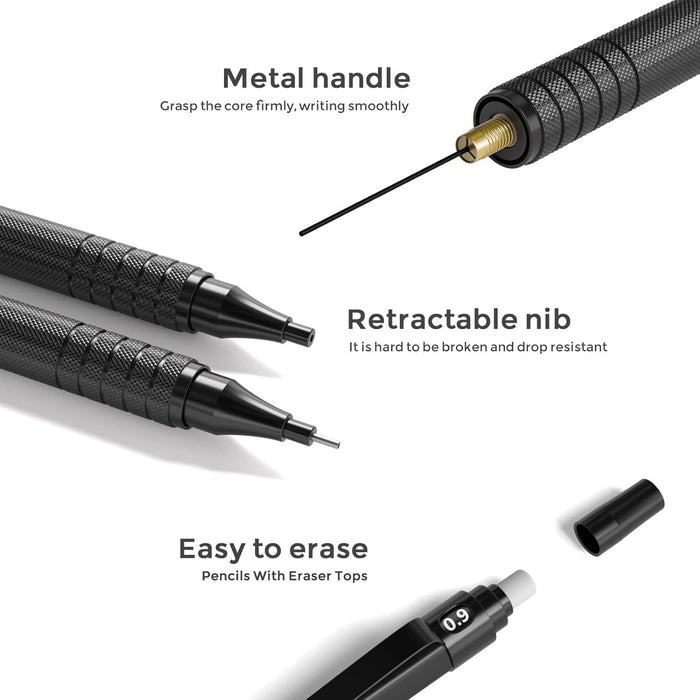 Nicpro 3 Pcs 0.9 mm Metal Mechanical Pencils, with 6 Tubes HB Lead Refills, 3Pcs Erasers, Erasers Refills, Drafting Pencil Set with Case - Black