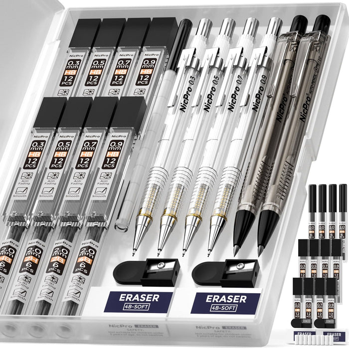 Nicpro 6 Pcs Art Mechanical Pencils Set, Drafting Pencil 0.3 & 0.5 & 0.7 & 0.9 mm & 2mm Graphite Lead Holder 4B 2B HB 2H with Lead Refills Eraser Sharpener