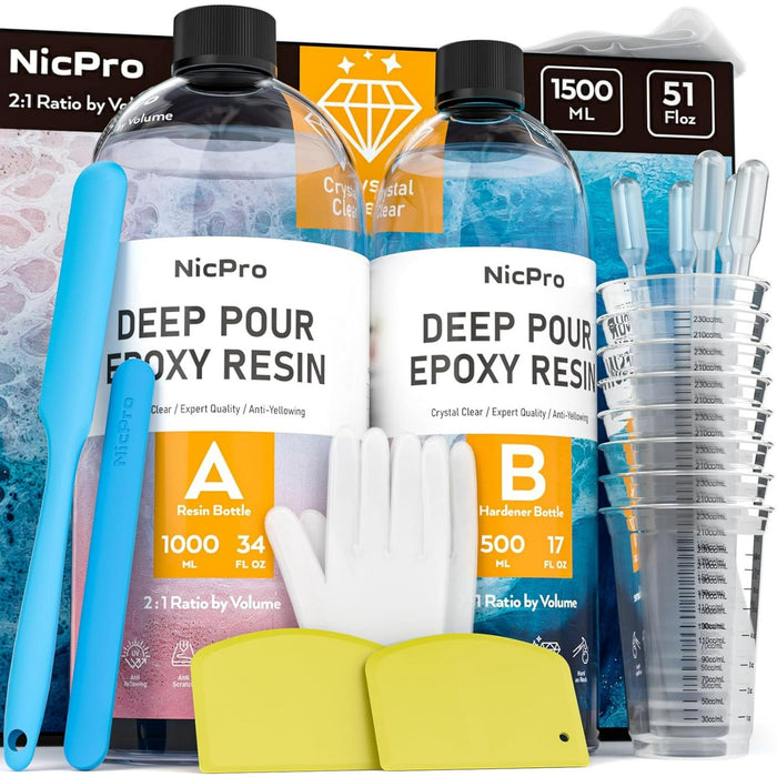 Nicpro 51oz Deep Pour Epoxy Resin Kit, 2 to 4 Inch Depth Clear Epoxy Resin 2:1 for Craft River Tables, Wood Filler, Bar Top, Coating, Casting, Pigment with Mixing Cups, Sticks, Gloves