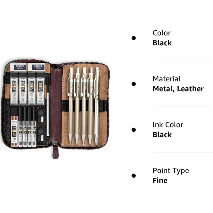 Nicpro 5Pcs Metal Mechanical Pencil Set in Leather Case, 0.3 & 0.5 & 0.7 & 0.9 mm & 2mm Lead Pencil Holders, (4B 2B HB 2H) Lead Refills (Black & Colors), Erasers