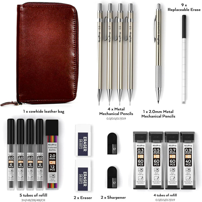 Nicpro 5Pcs Metal Mechanical Pencil Set in Leather Case, 0.3 & 0.5 & 0.7 & 0.9 mm & 2mm Lead Pencil Holders, (4B 2B HB 2H) Lead Refills (Black & Colors), Erasers