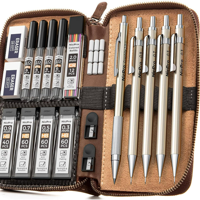 Nicpro 5Pcs Metal Mechanical Pencil Set in Leather Case, 0.3 & 0.5 & 0.7 & 0.9 mm & 2mm Lead Pencil Holders, (4B 2B HB 2H) Lead Refills (Black & Colors), Erasers