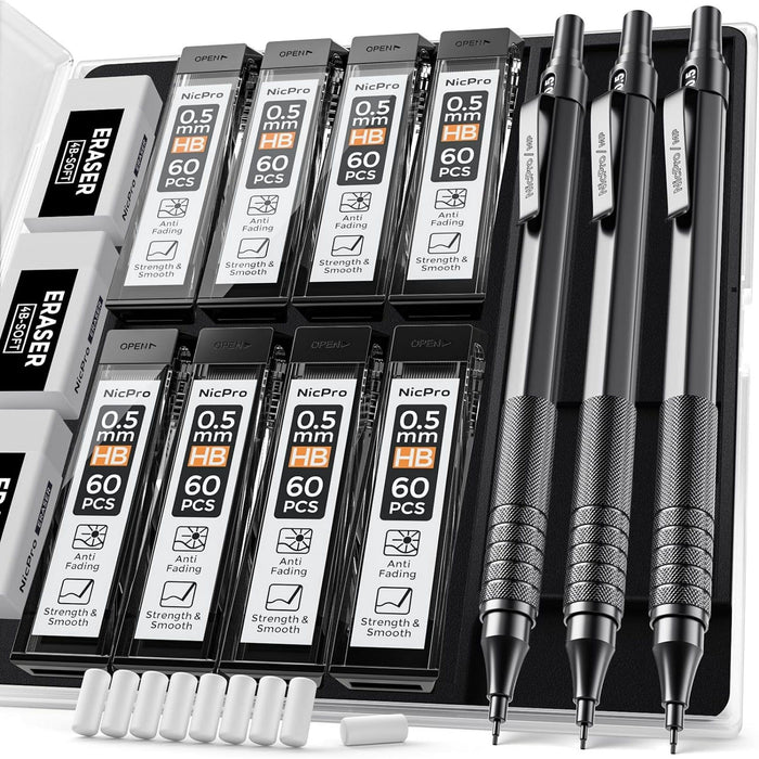 Nicpro 3 Pcs 0.5mm Metal Mechanical Pencils Set, Artist Pencil with 360Pcs HB Lead Refills, 3 Erasers, 9 Eraser Refills, Black