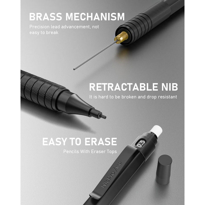 Nicpro 3 Pcs 0.5mm Metal Mechanical Pencils Set, Artist Pencil with 360Pcs HB Lead Refills, 3 Erasers, 9 Eraser Refills, Black