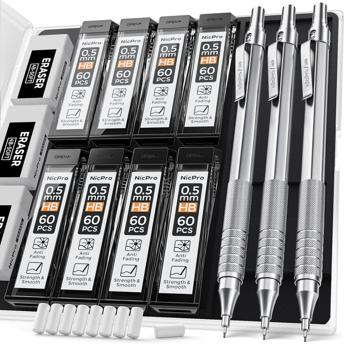 Nicpro 0.5mm Mechanical Pencils Set with Case, 3 Metal Artist Pencil with HB Pencil Leads and Erasers