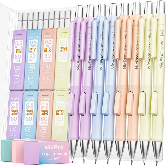 Nicpro 8 Pcs 0.5mm Pastel Mechanical Pencil Set, Fast Click Aesthetic Lead Drafting Pencils 0.5 mm with 480PCS HB Lead Refills, 3 Erasers