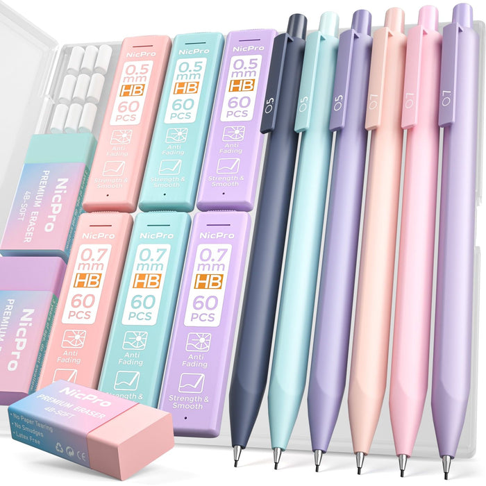 Nicpro 6Pcs Pastel Mechanical Pencil Set, 0.5 & 0.7 mm with 6 Tubes HB Lead Refill, 3Pcs Eraser and 9Pcs Eraser Refill - with Cute Case