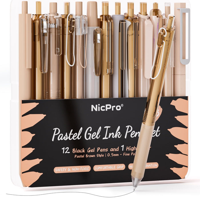 Nicpro 13 Pcs Pastel Gel Ink Pens Set, 1 Highlighter Cute 0.5mm Fine Point Retractable 12 Pcs Black Pens, Office Supplies with Case(Brown)